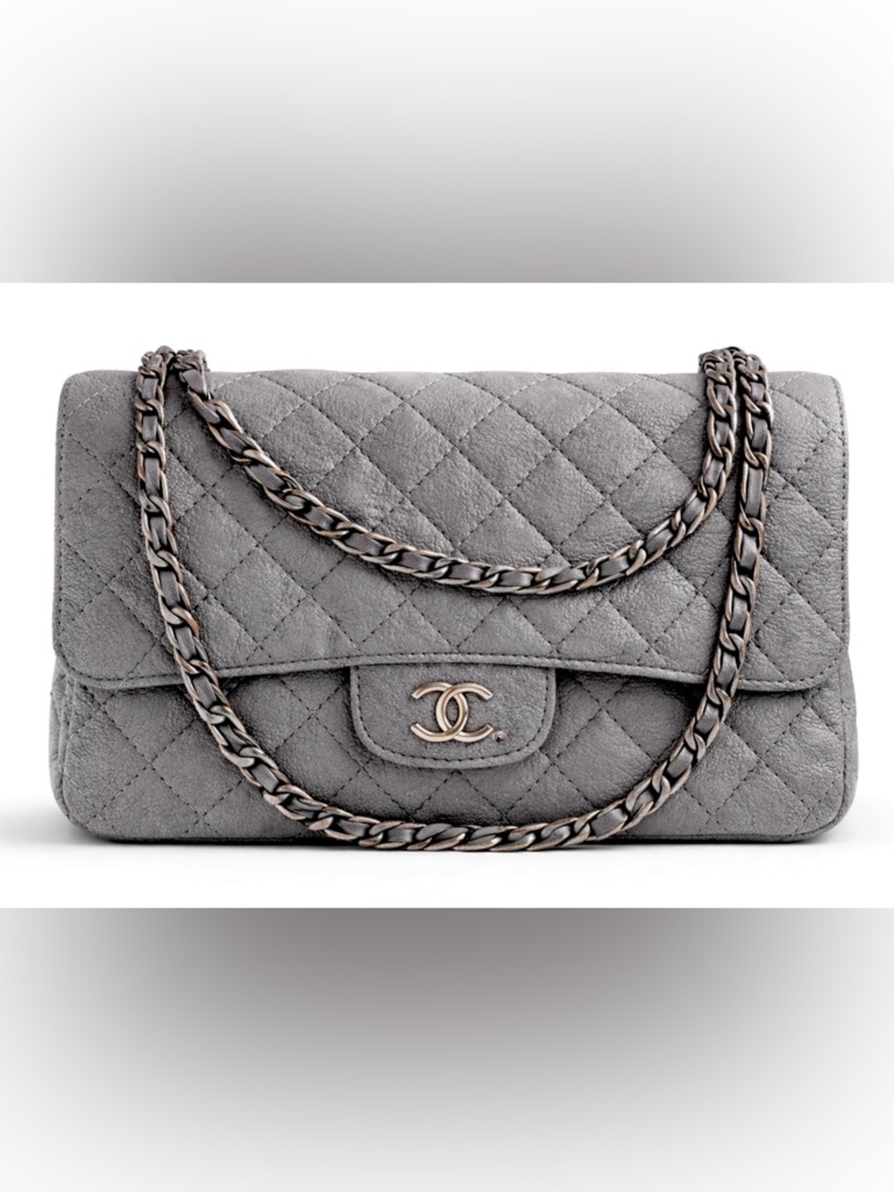 CHANEL Quilted Shoulder Flap Bag in Gray Silver double flag  bag